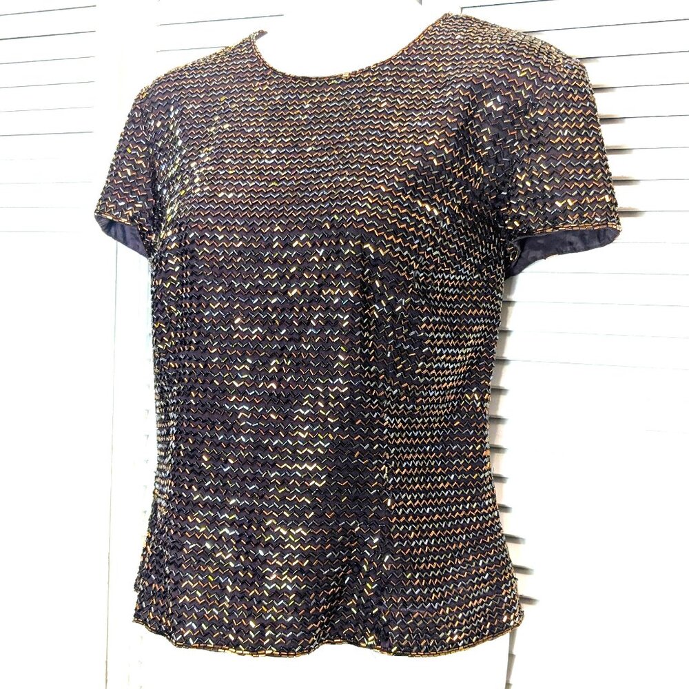 Vtg OLEG CASSINI Black Tie Silk Beaded Top Copper Brown Sz 12 Formal Cap Sleeve